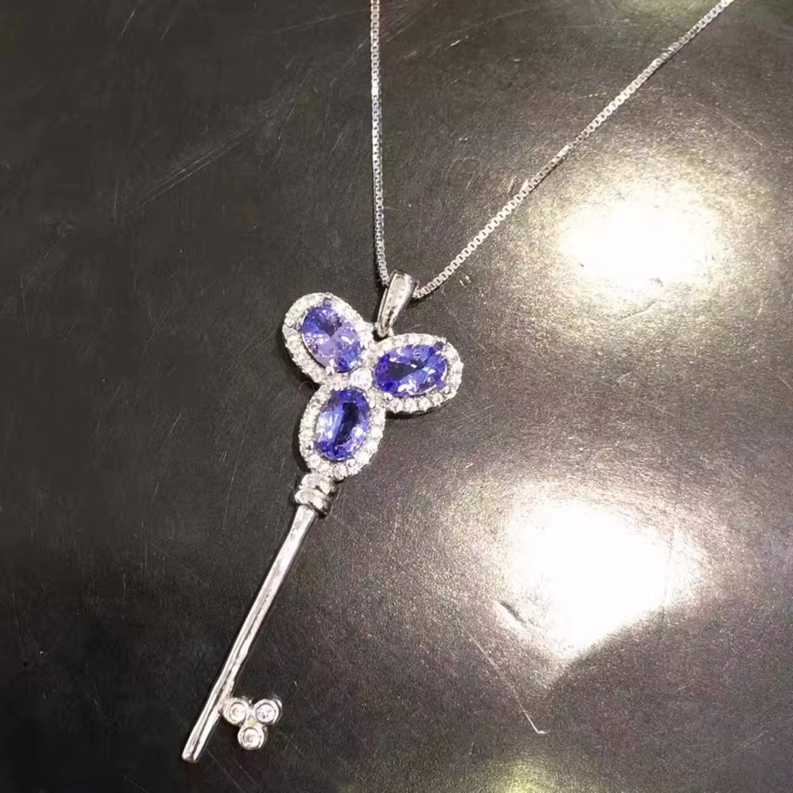Purple Tanzanite Key Pendant Necklace, Natural Tanzanite Necklace For Women