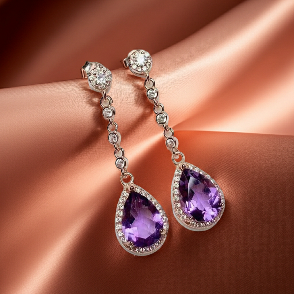 4CT Pear Cut Amethyst Drop Dangle Earrings