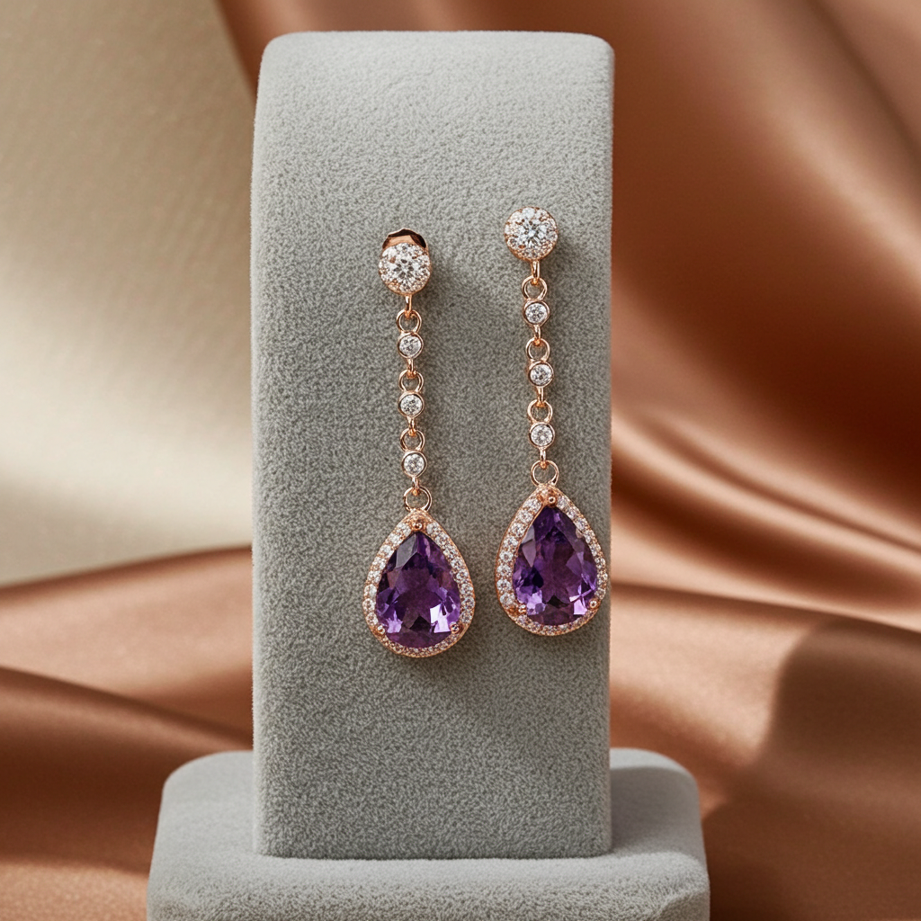 4CT Pear Cut Amethyst Drop Dangle Earrings