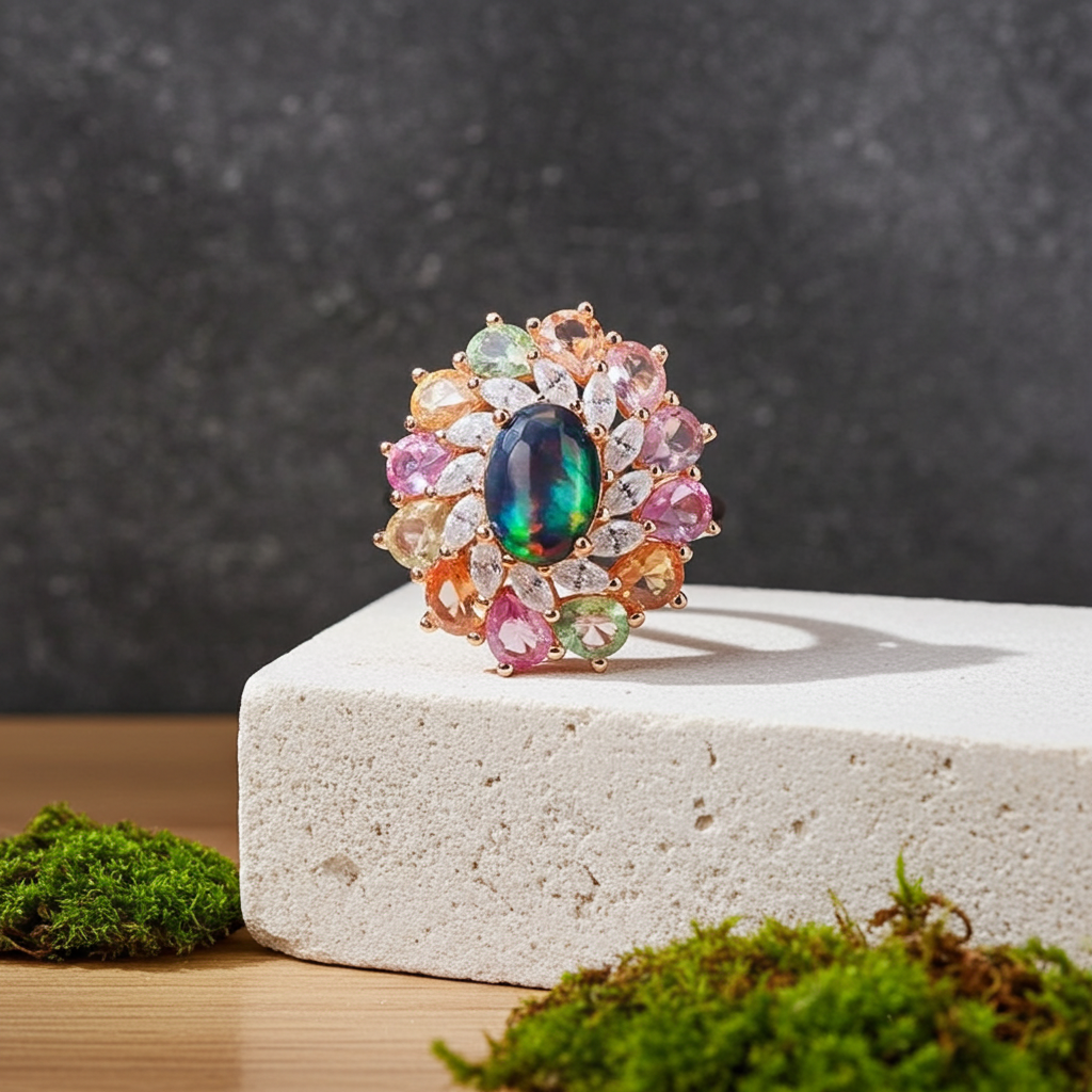 Black Fire Opal and Sapphire Cluster Statement Ring 925 Sterling Silver