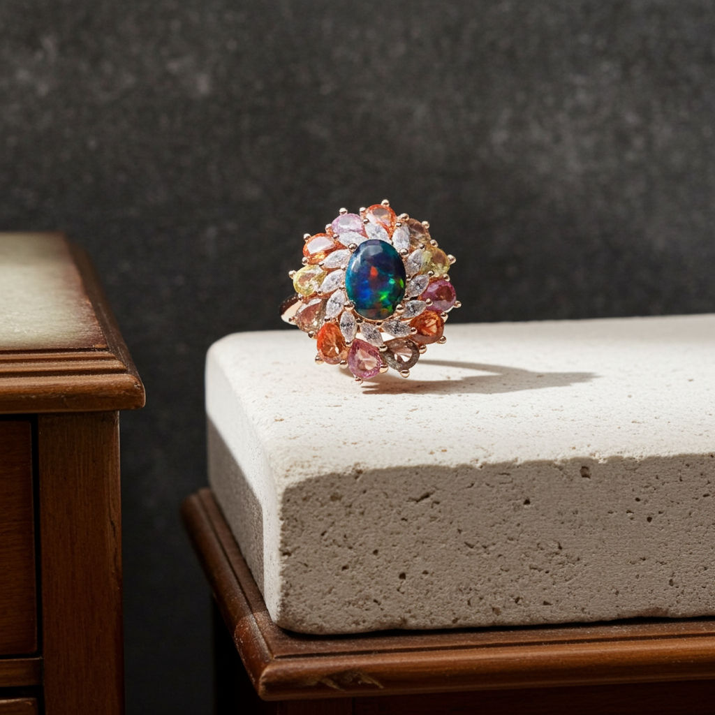 Black Fire Opal and Sapphire Cluster Statement Ring 925 Sterling Silver