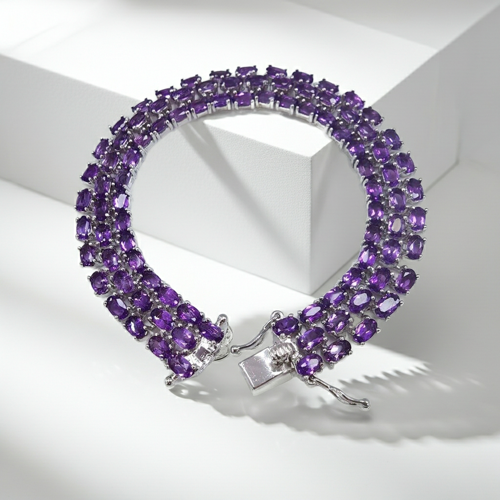 Natural Amethyst Three Layer Tennis Bracelet 925 Sterling Silver