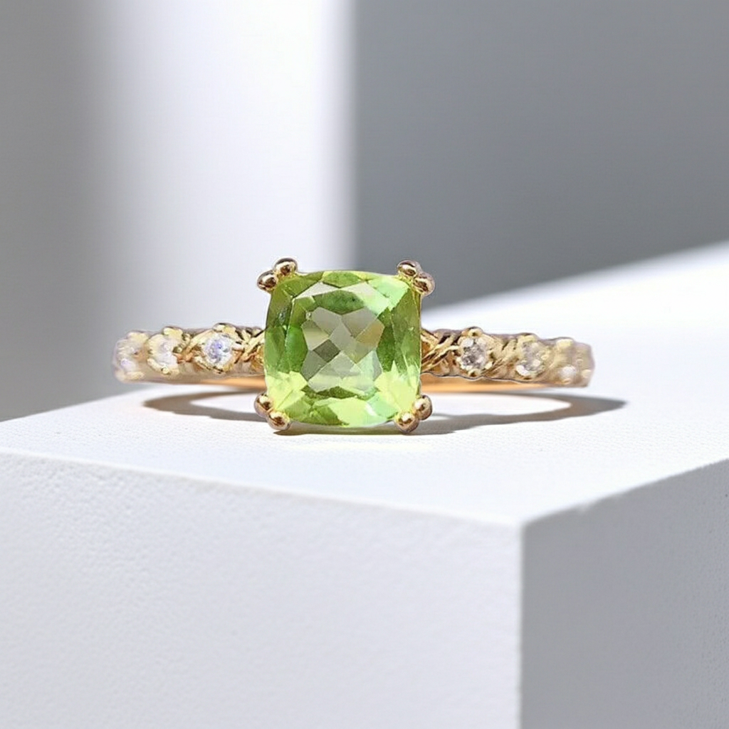 Natural Peridot Cushion Cut Gemstone Ring 6mm, August Birthstone Peridot Ring