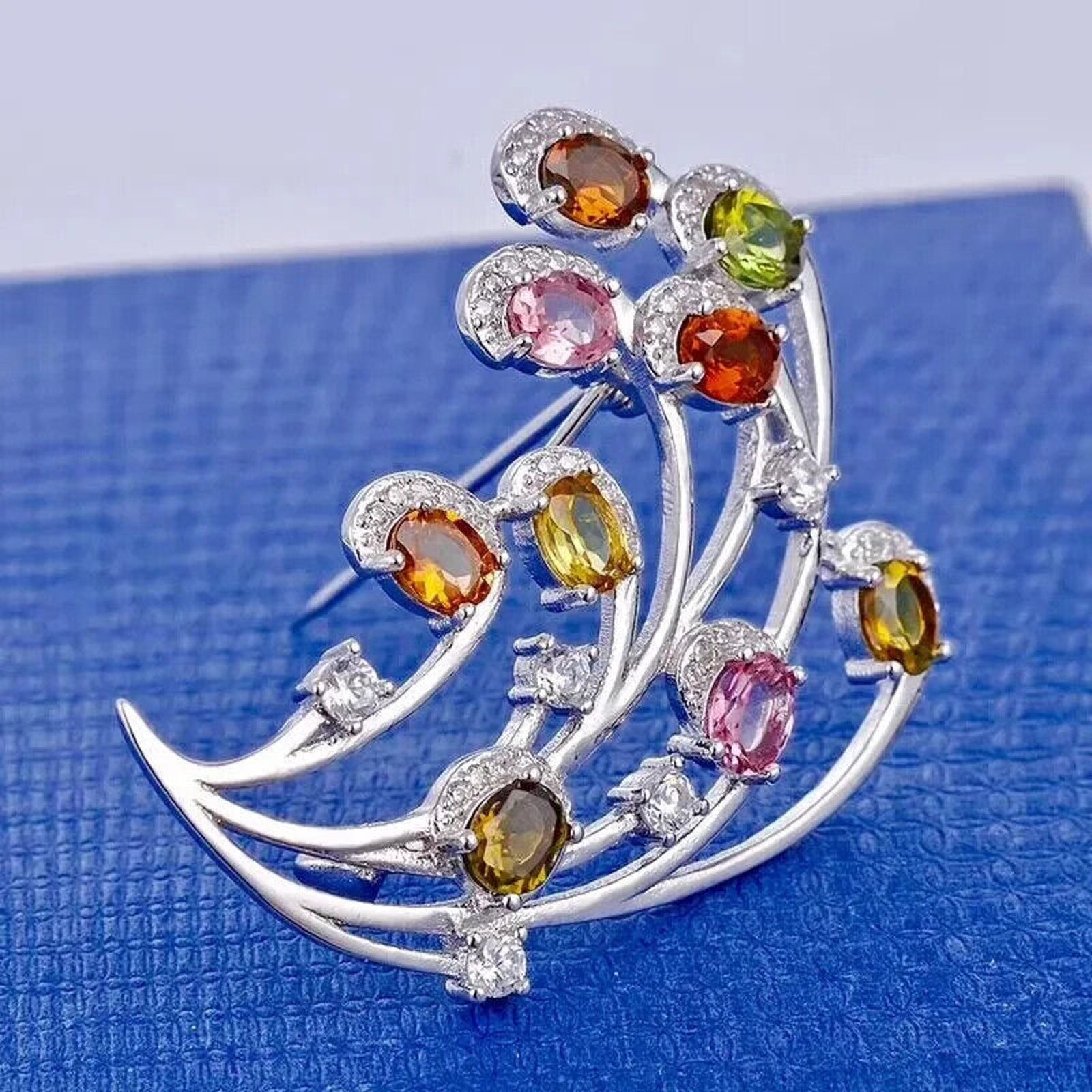 Natural Brazilian Tourmaline Gemstone Brooch 925 Sterling Silver