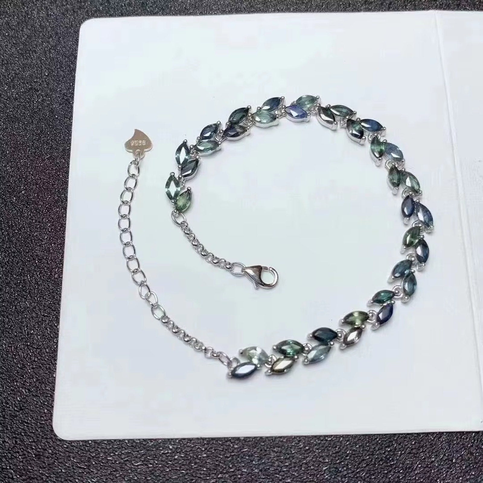 Natural Sapphire Leaf Bracelet, Blue Green Marquise Cut Sapphire Bracelet