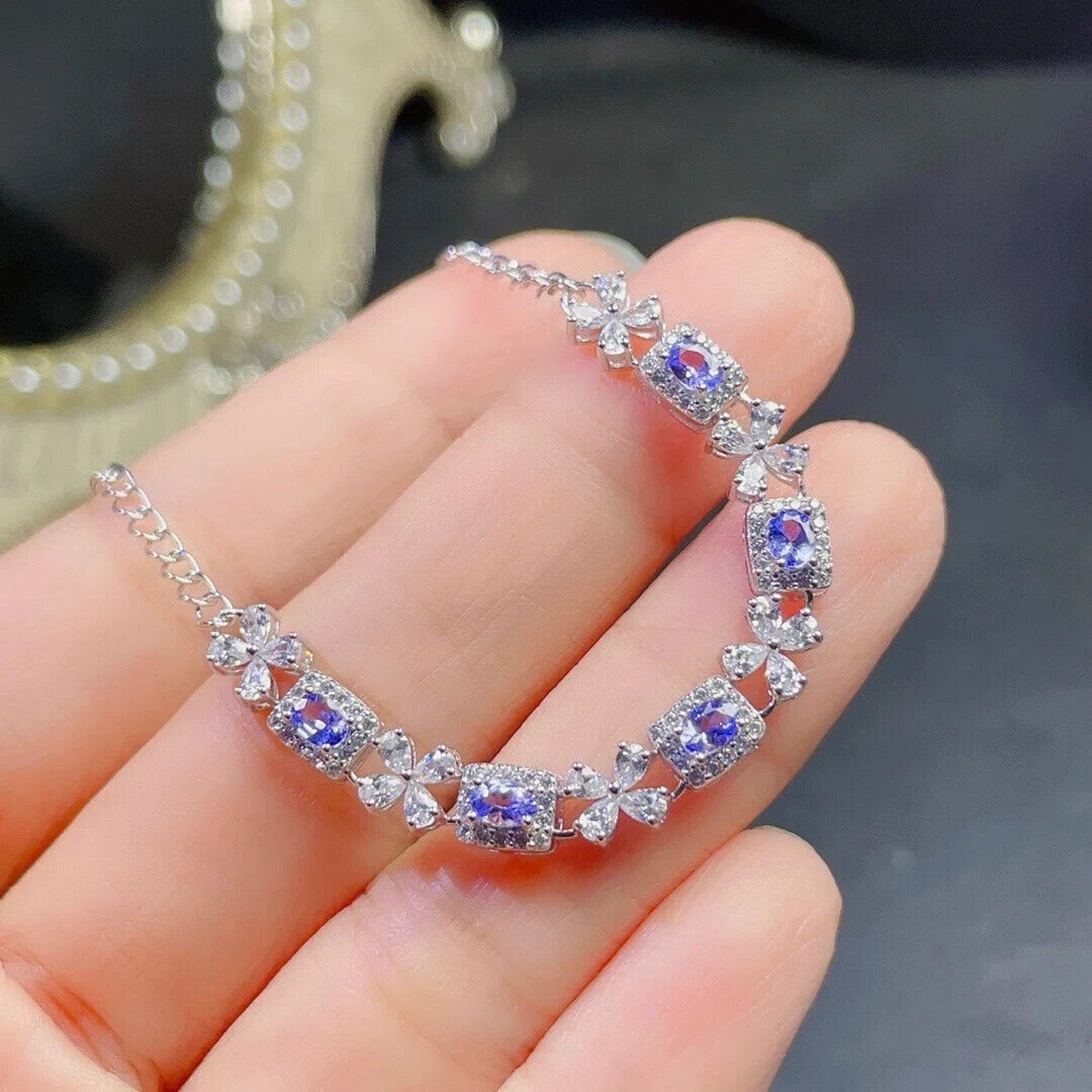 Purple Tanzanite Gemstone Bracelet, Natural Purple Tanzanite Bracelet Platinum