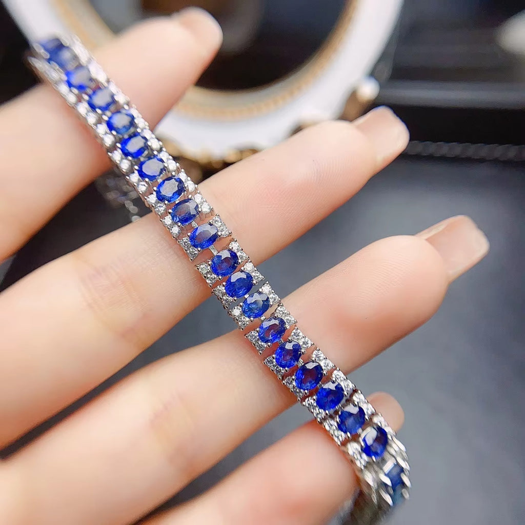 Natural Blue Sapphire Tennis Bracelet Platinum Plated Sterling Silver VVS Grade