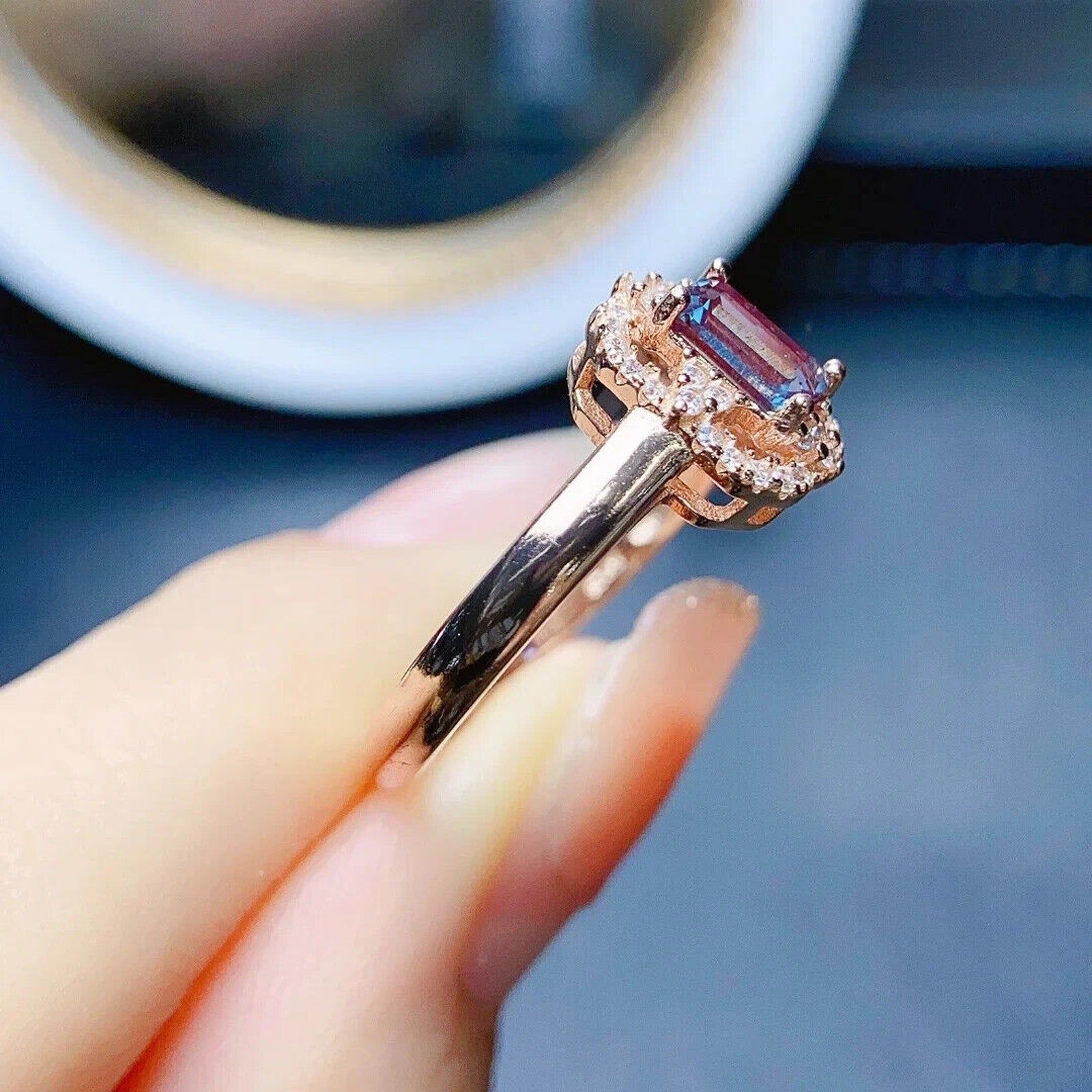 Alexandrite Gemstone Ring Emerald Cut, Lab Created Alexandrite Ring 925 Sterling