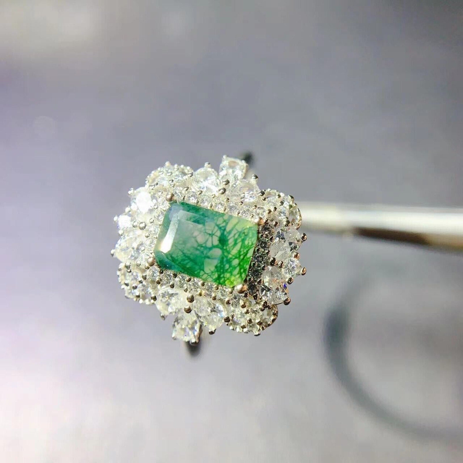 Moss Agate Cocktail Ring 5x7mm 925 Sterling Silver