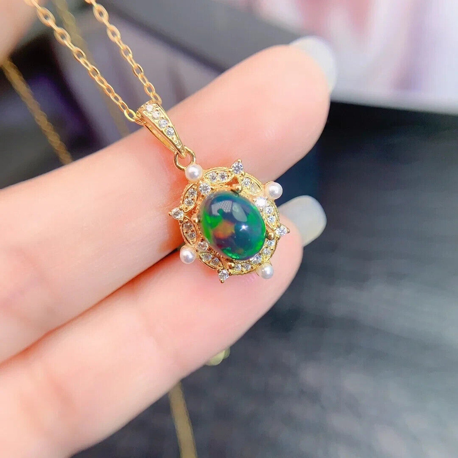 Black Fire Opal Nautical Pendant Necklace, Black Opal and Faux Pearl Necklace