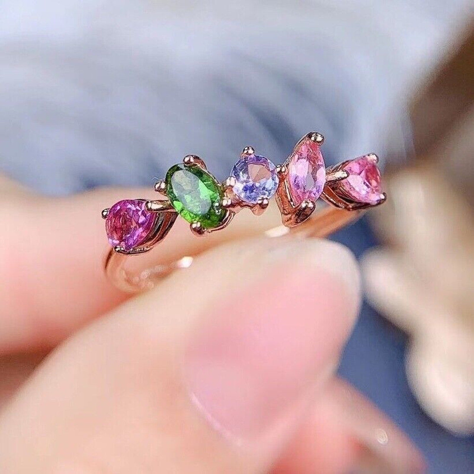 Natural Tourmaline Gemstone Band Ring, Irregular Shape Tourmaline Band Ring