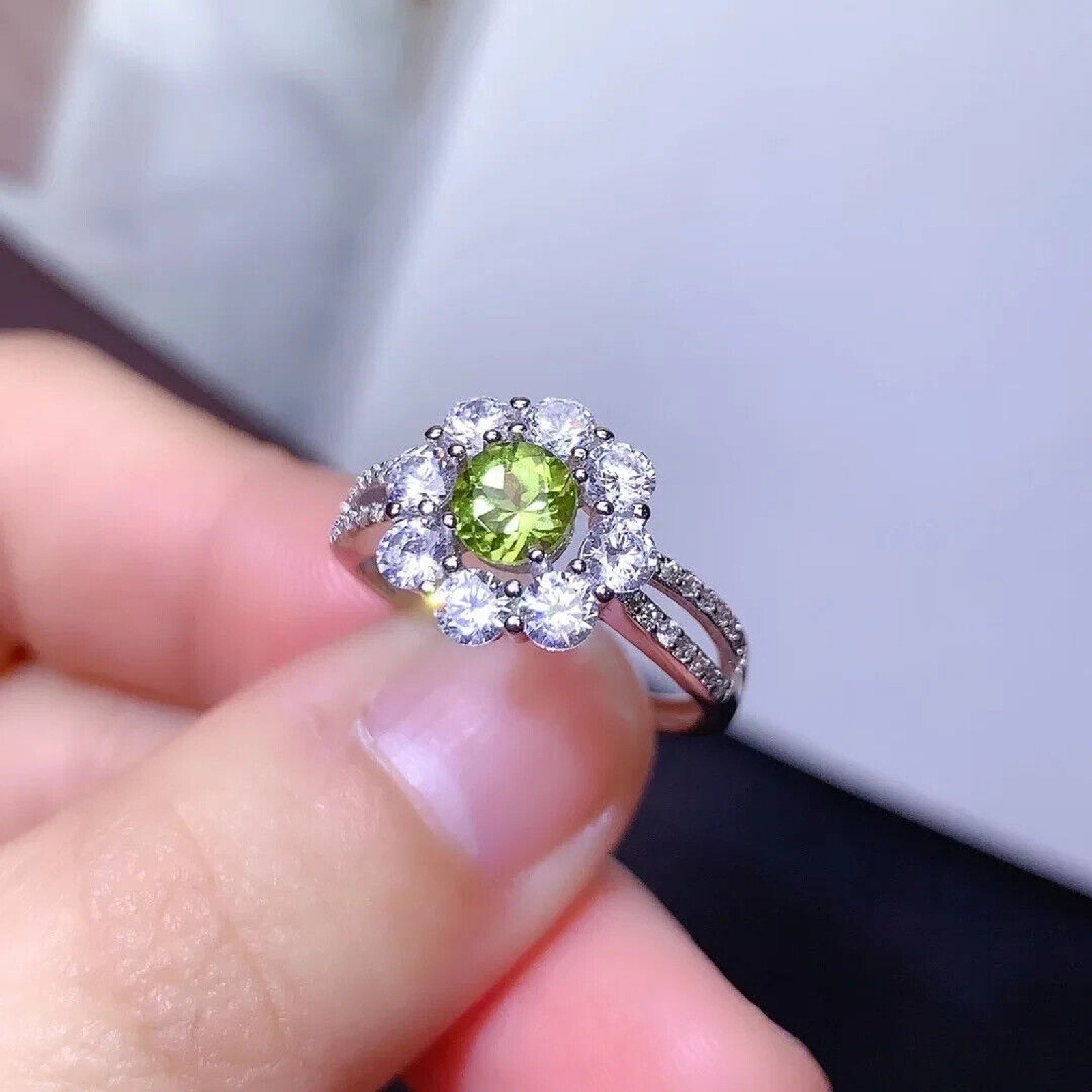 Peridot Birthstone Flower Ring, Natural Peridot Rings 925 Sterling Silver