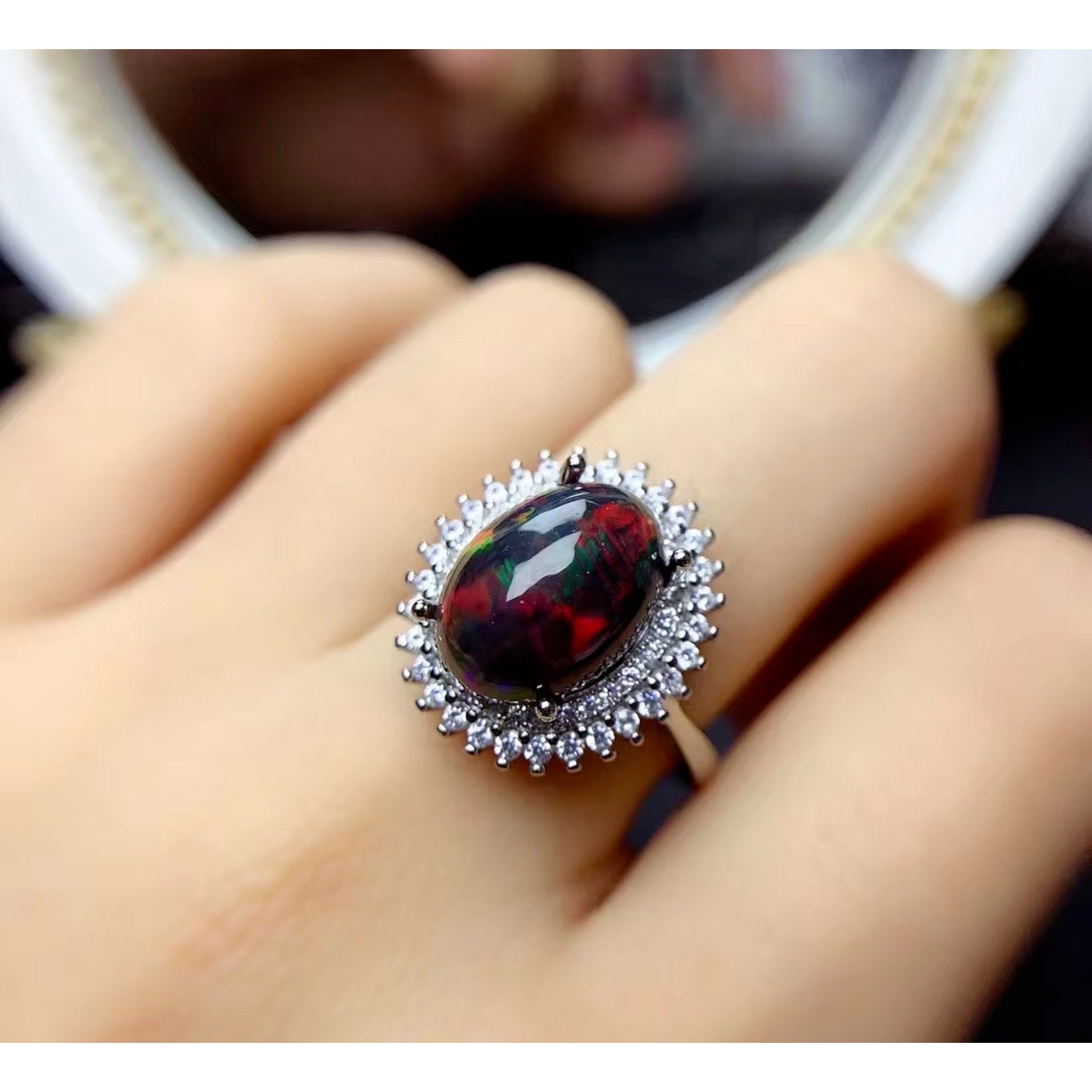 Black Opal Statement Ring, Australian Fire Opal Ring Sterling Silver 10x12mm