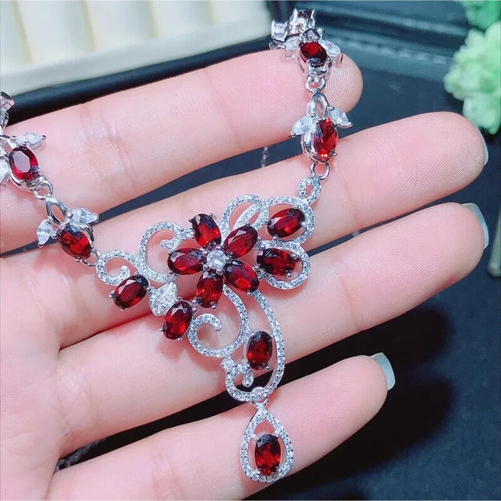 Red Garnet Statement Necklace, Natural Garnet Gemstone Necklace 925 Sterling