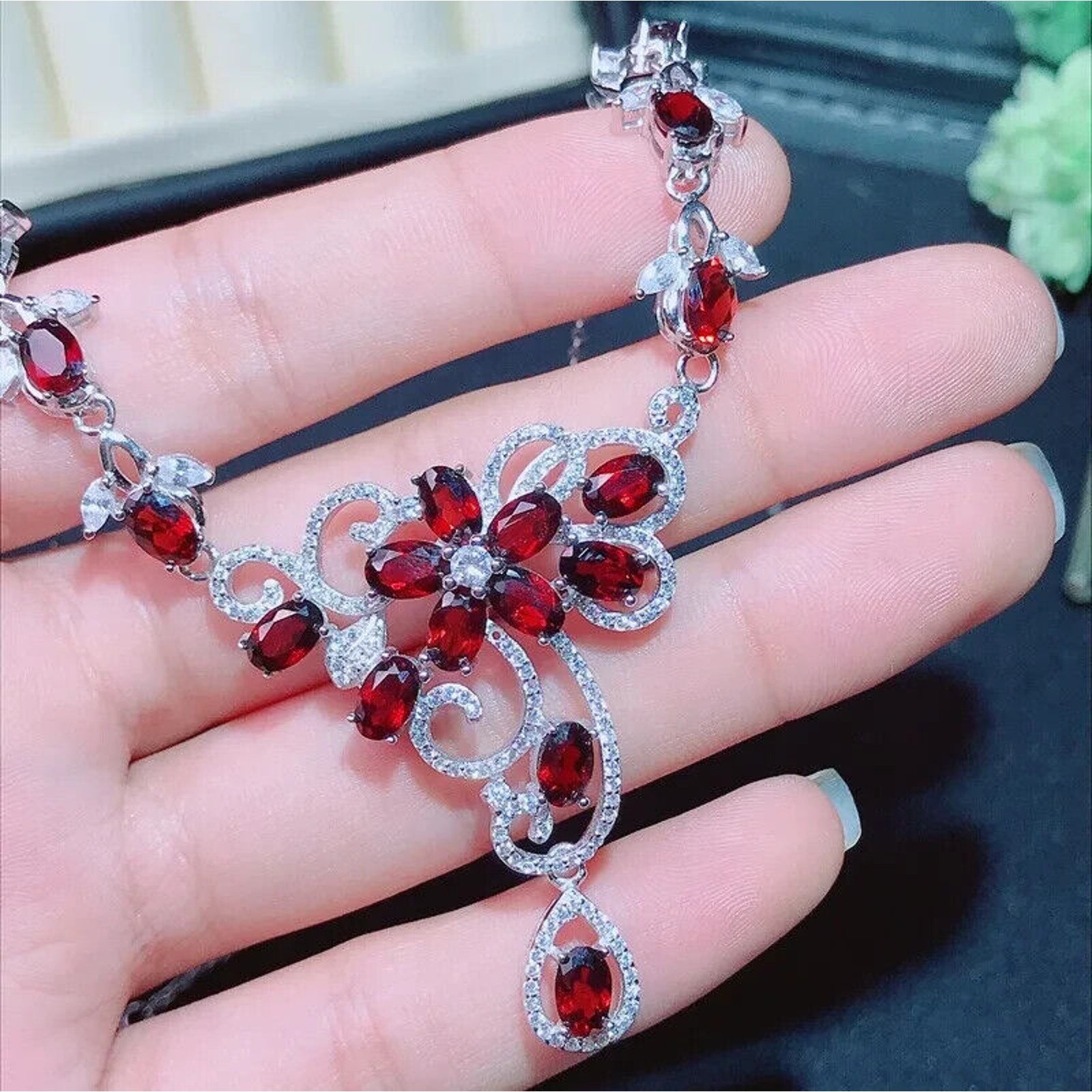 Red Garnet Statement Necklace, Natural Garnet Gemstone Necklace 925 Sterling