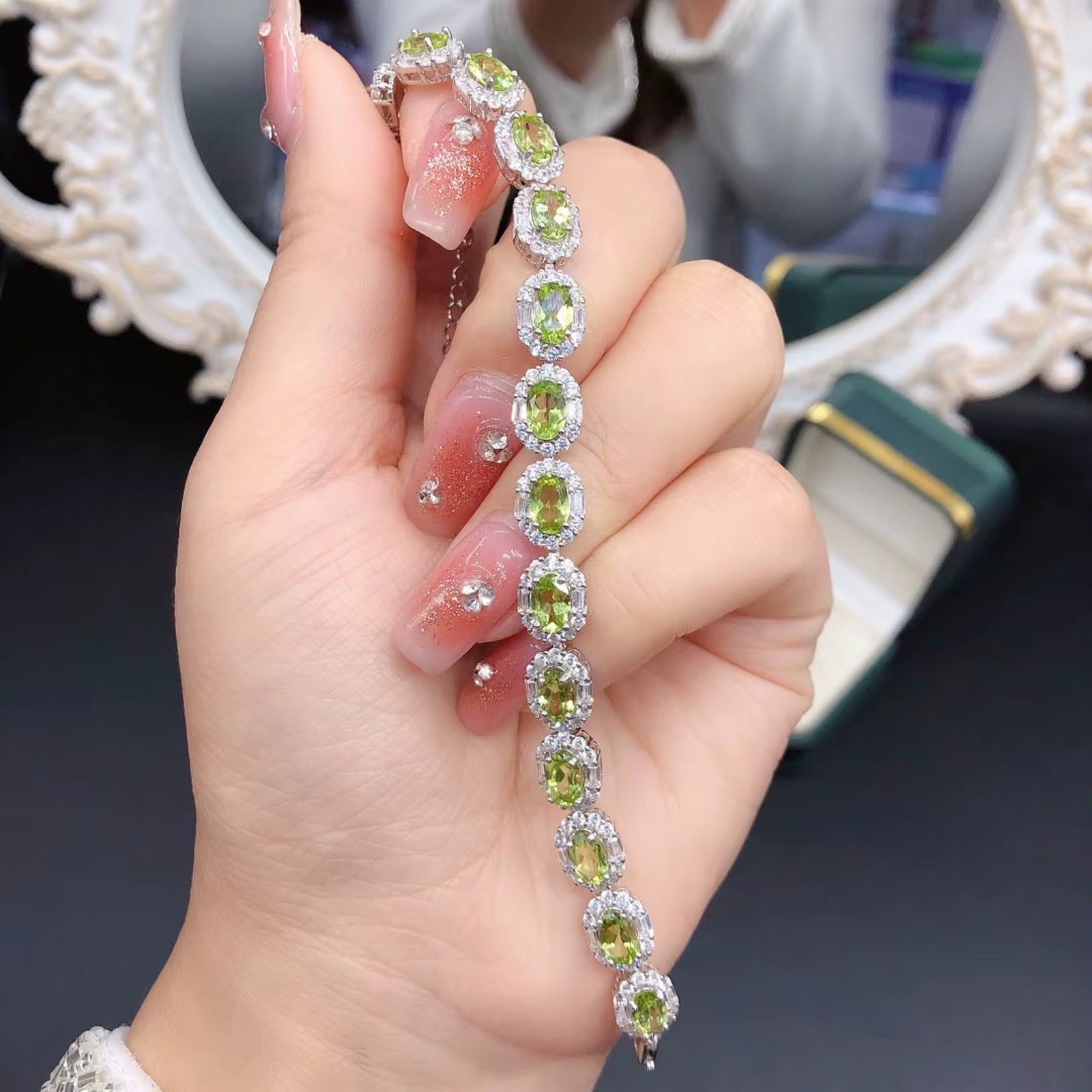 Natural Peridot August Birthstone Tennis Bracelet 925 Sterling Silver 4x6mm