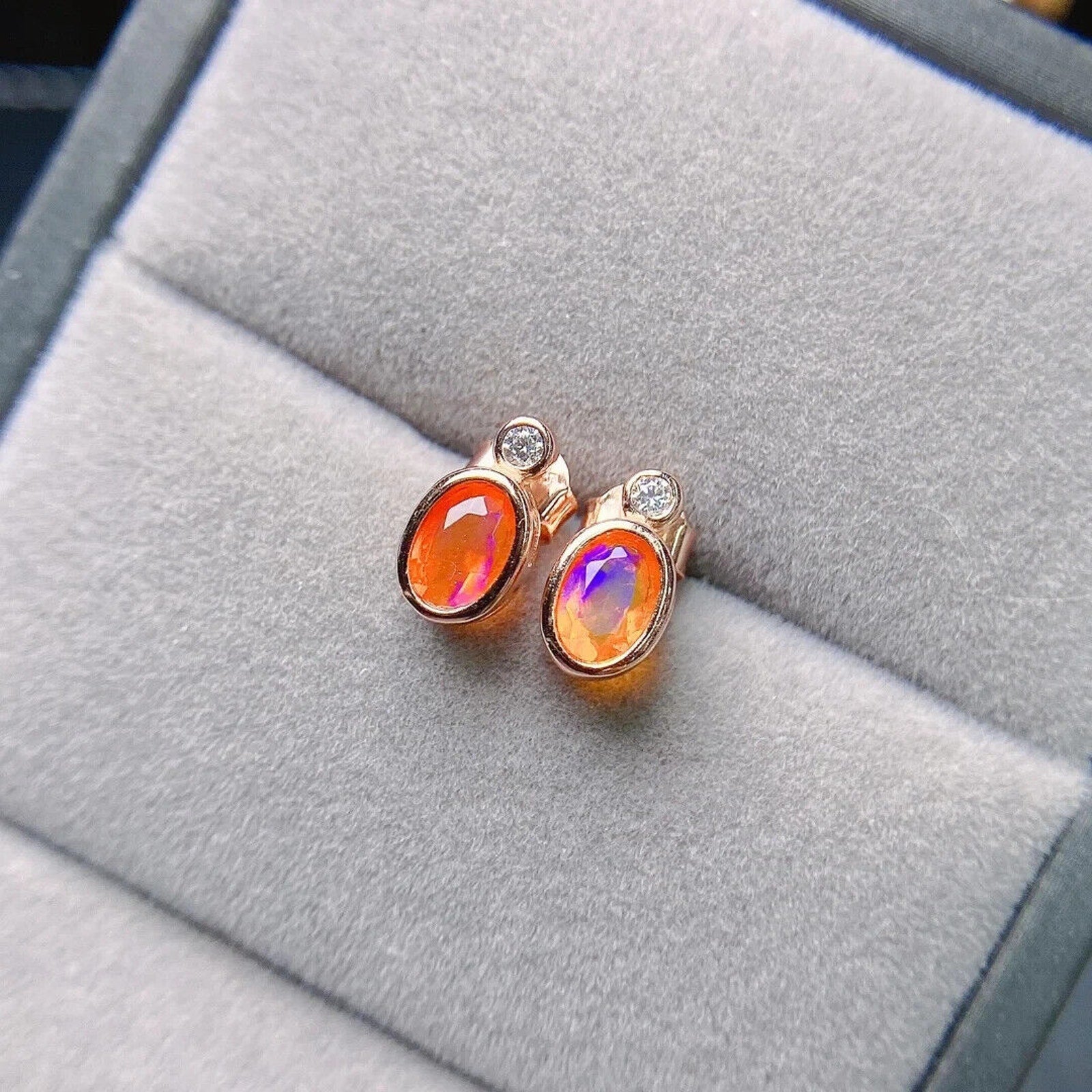 Orange Fire Opal Stud Earrings 5x7mm, Natural Orange Fire Opal Earrings