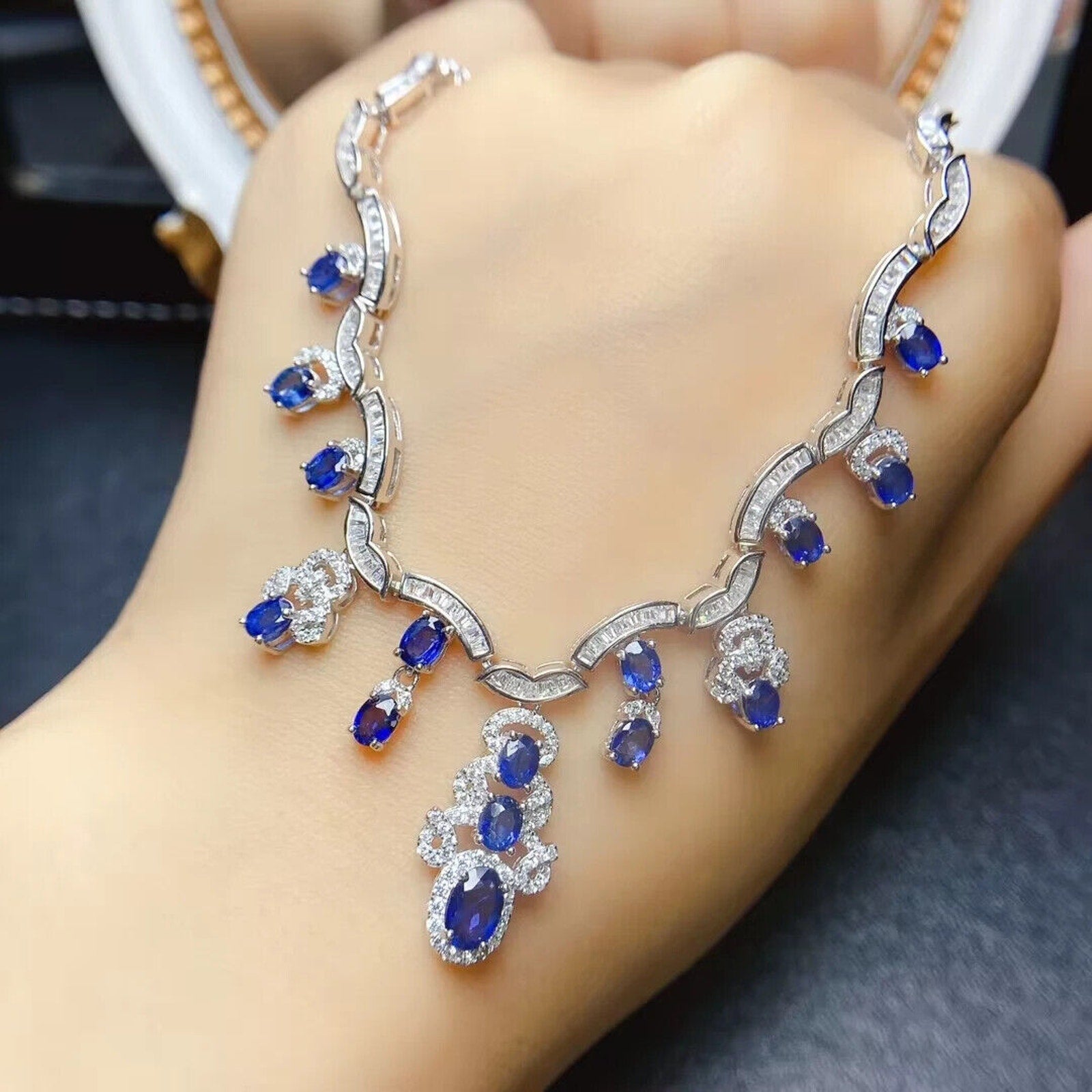 Bright Blue Sapphire Statement Necklace, Natural Sapphire Bib Necklace 925 Silver