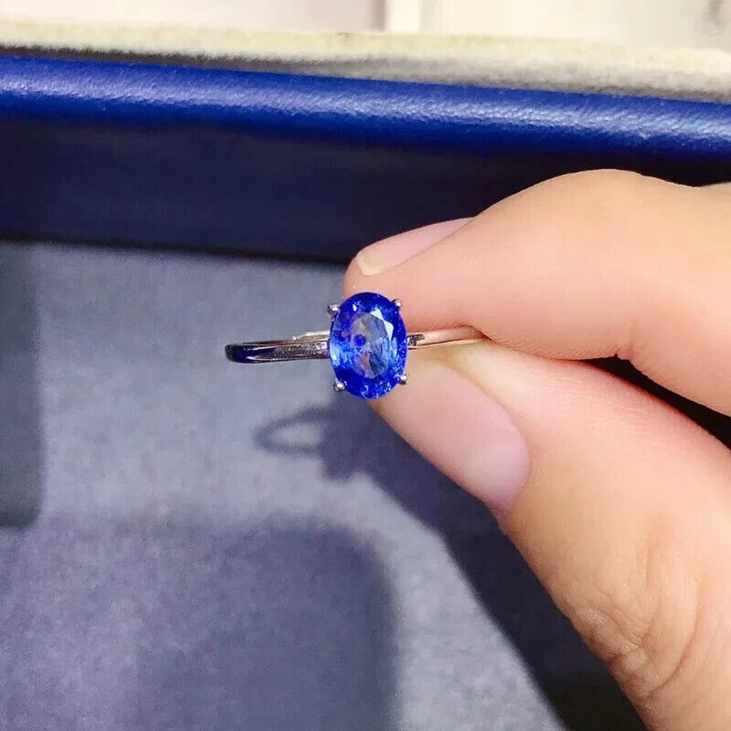 Natural Blue Sapphire Ring 5x7mm, Blue Sapphire Cocktail Ring Sterling Silver