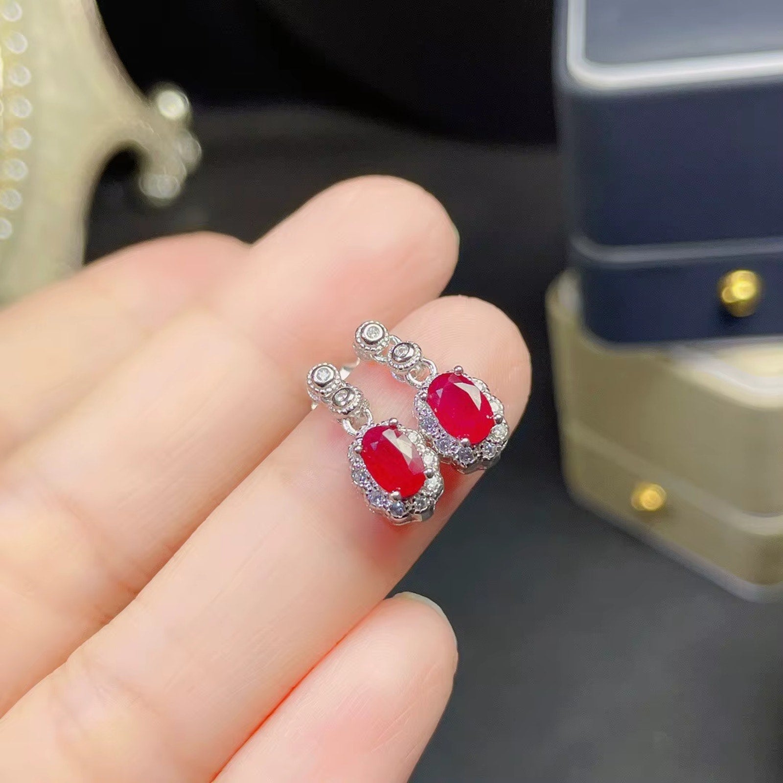 Natural Ruby Gemstone Earrings 925 Sterling Silver, Ruby Stud Earrings 4x6mm