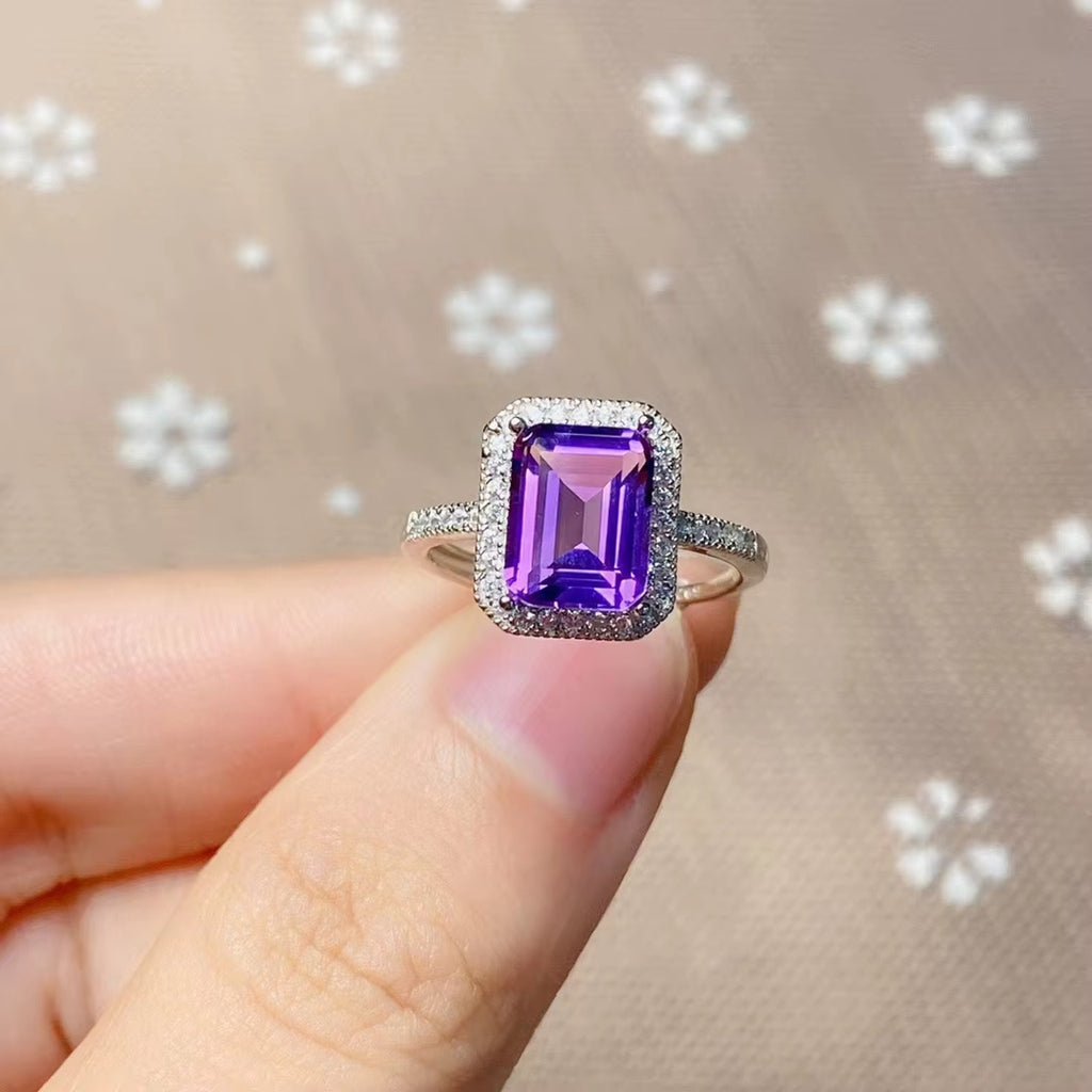 2CT Emerald Cut Amethyst Ring 925 Sterling Silver, Purple Amethyst Ring 7x9mm
