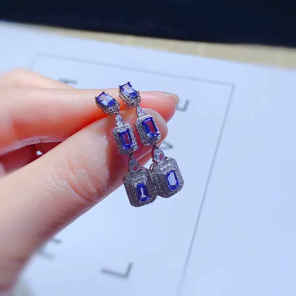 Emerald Cut Purple Tanzanite Drop Dangle Earrings, VVS Grade Tanzanite Earrings