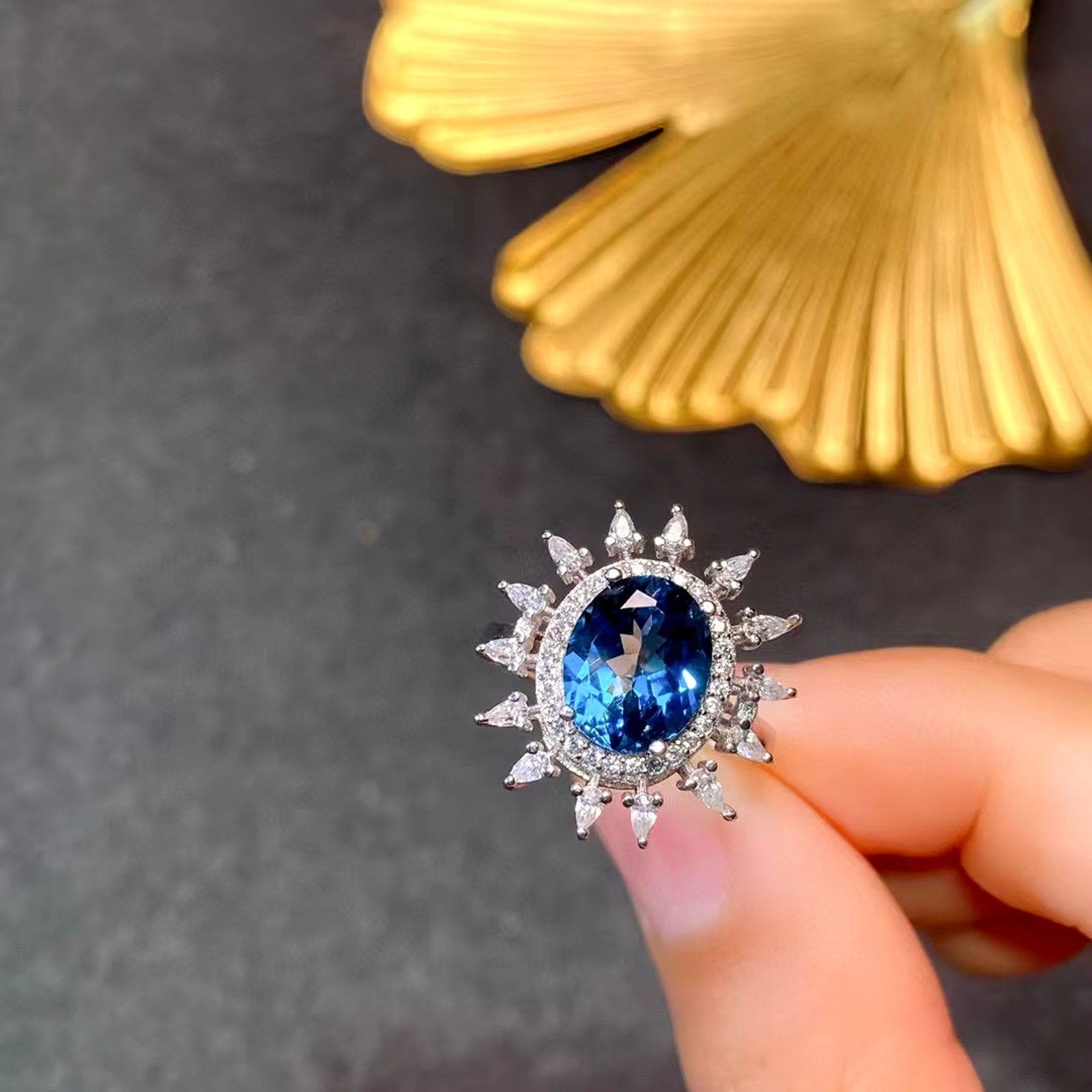 London Blue Topaz Ring, Natural London Blue Topaz Gemstone Ring 8x10mm