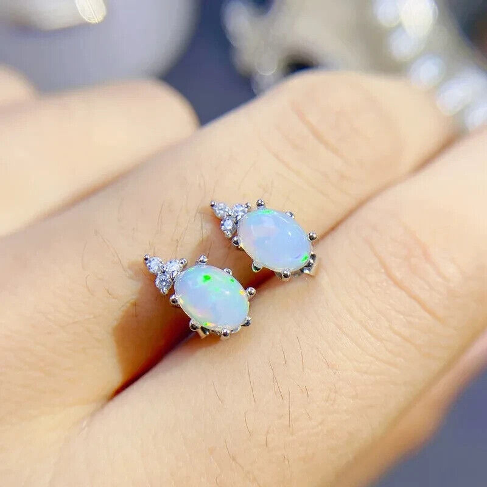 Colorful Fire Opal Stud Earrings, Australian Opal Stud Earrings Sterling 5x7mm