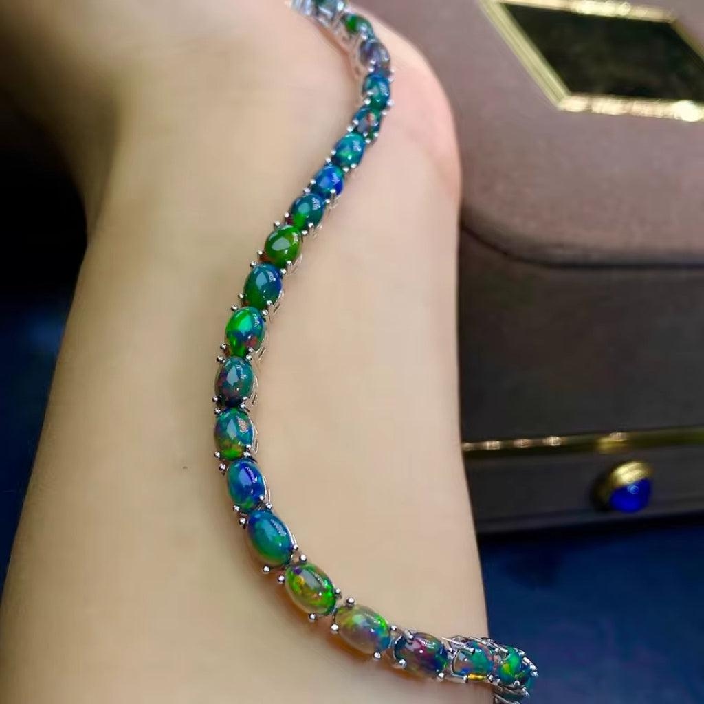 Black Fire Opal Tennis Bracelet, Colorful Opal Bracelet 925 Sterling Silver