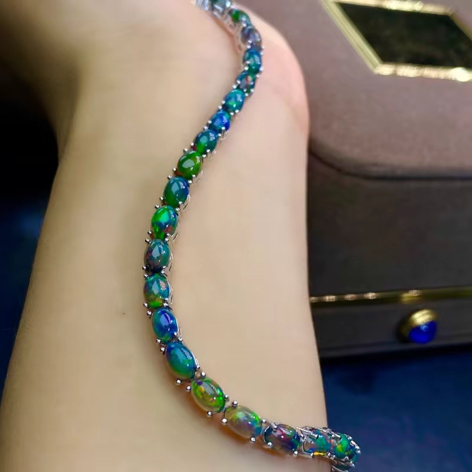 Black Fire Opal Tennis Bracelet, Colorful Opal Bracelet 925 Sterling Silver