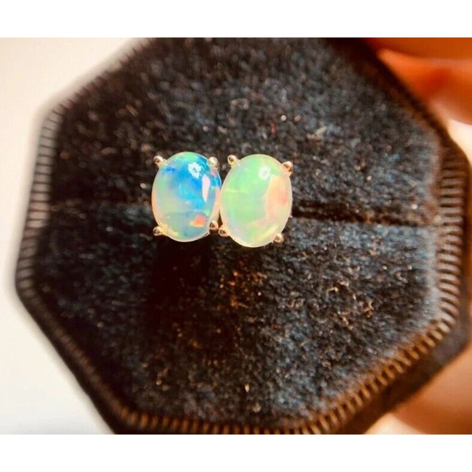 Colorful Fire Opal Stud Earrings, Natural Fire Opal Stud Earrings 6x8mm Sterling