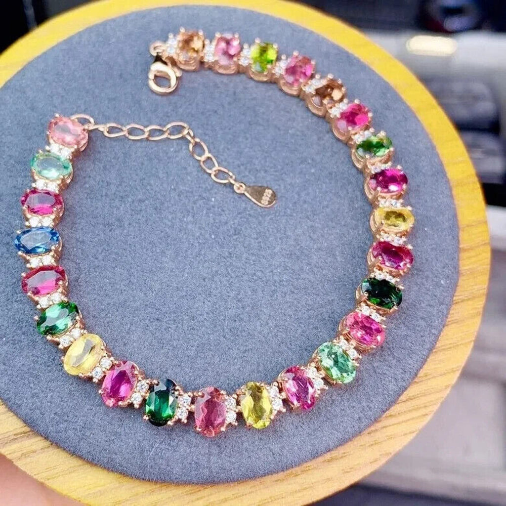 Natural Brazilian Tourmaline Gemstone Tennis Bracelet, Multicolor Tourmaline