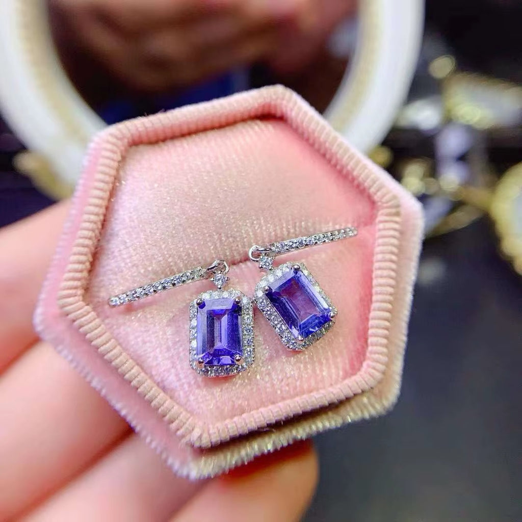 VVS Grade Purple Tanzanite Hoop Dangle Earrings 5x7mm Emerald Cut Tanzanite