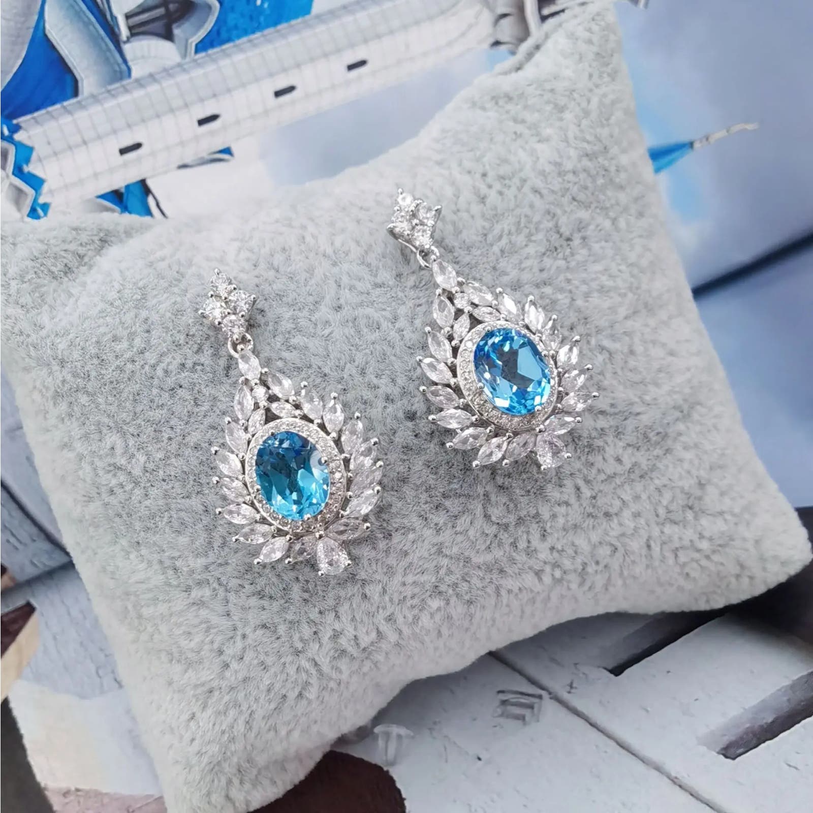 Swiss Blue Topaz Cluster Statement Earrings 7x9mm