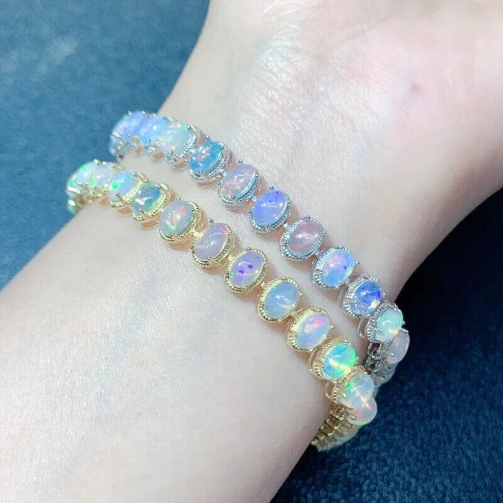 White Fire Opal Gemstone Bracelet, Natural Opal Tennis Bracelet Sterling Silver