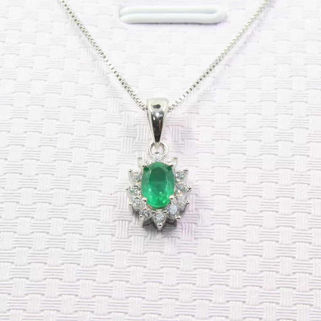 Natural Emerald Pendant Necklace, Genuine Emerald Necklace Sterling Silver 4x6mm