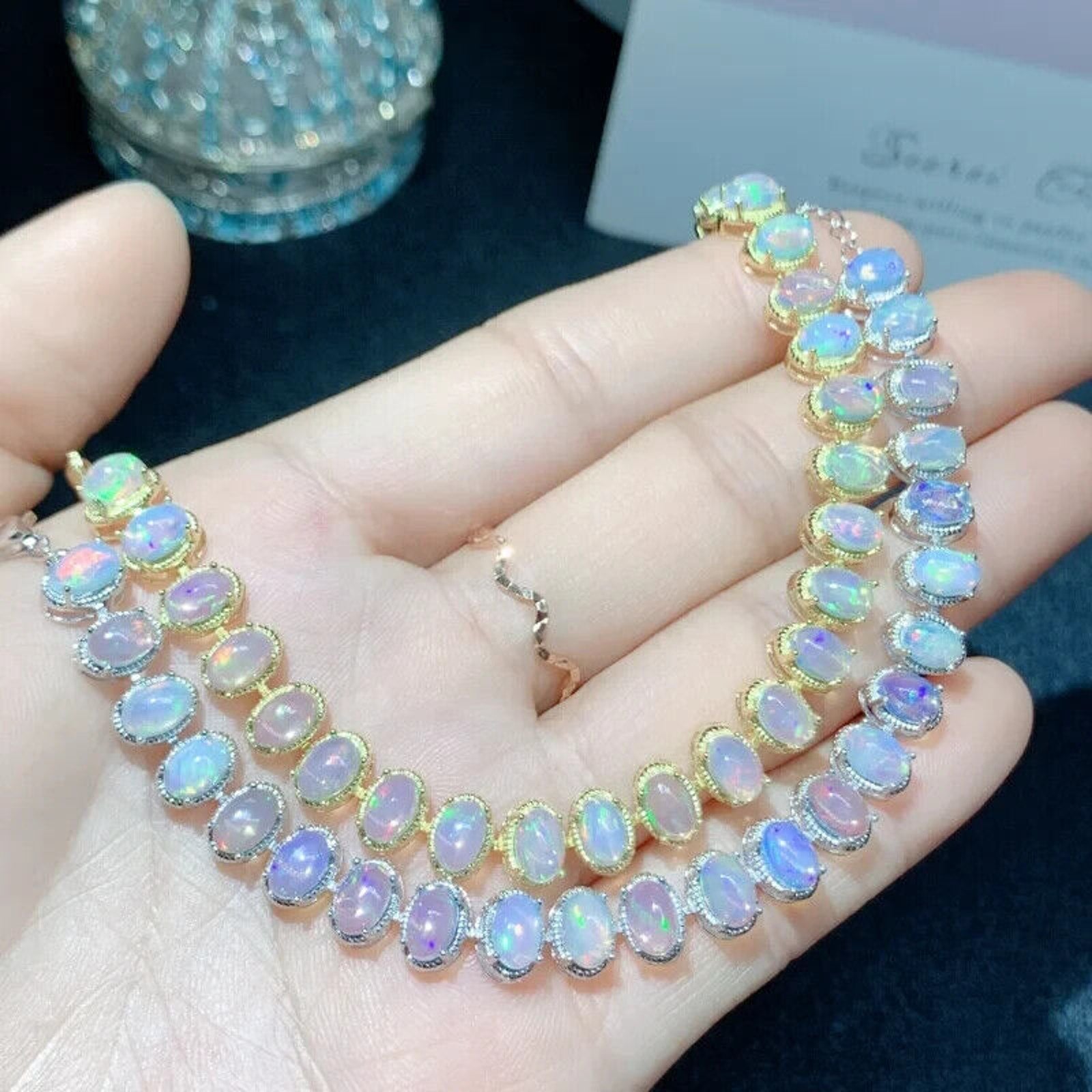 White Fire Opal Gemstone Bracelet, Natural Opal Tennis Bracelet Sterling Silver
