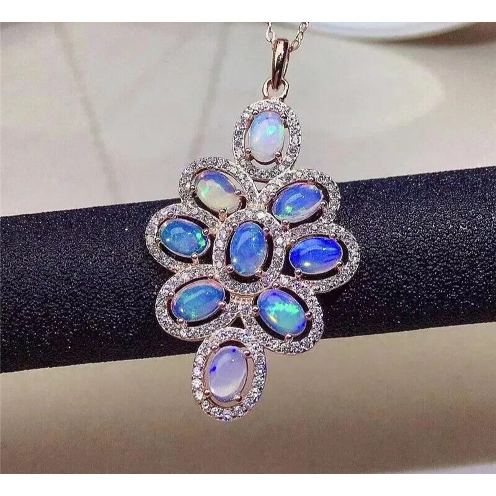 Natural Fire Opal Pendant Necklace, Large Fire Opal Cluster Pendant Sterling