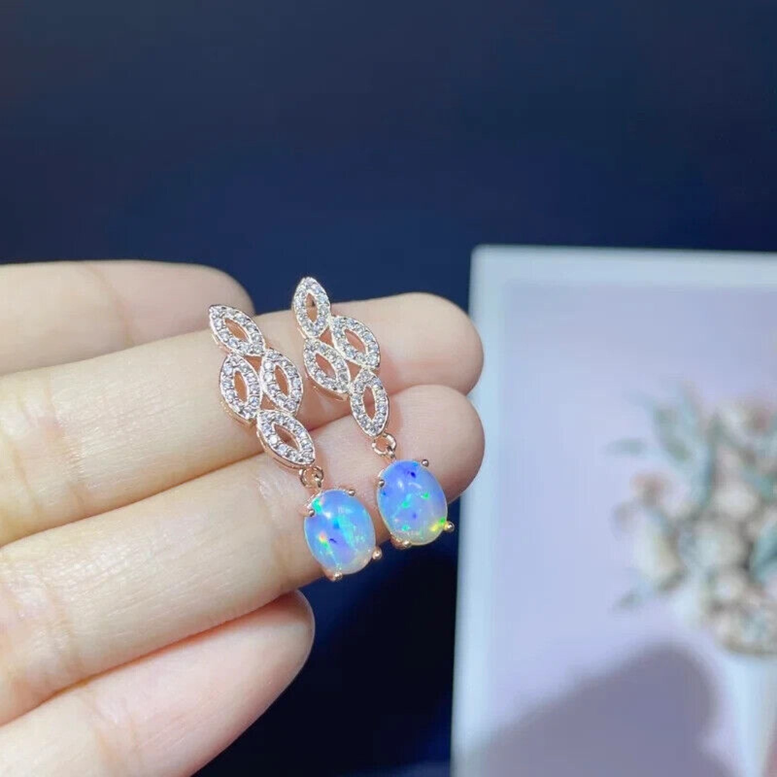 Natural Fire Opal Rose Gold Dangle Earrings, Colorful Fire Opal Earrings 6x8mm