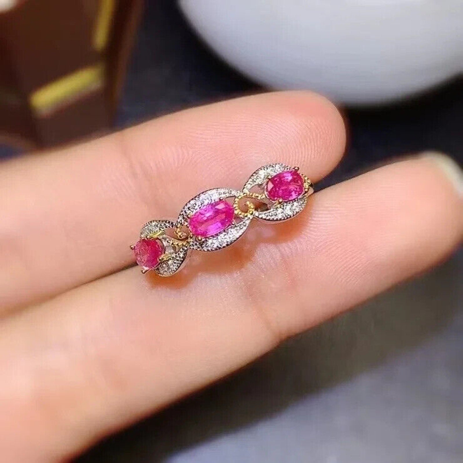 Women's Natural Pink Sapphire Band Ring, Genuine Pink Sapphire Ring Silver