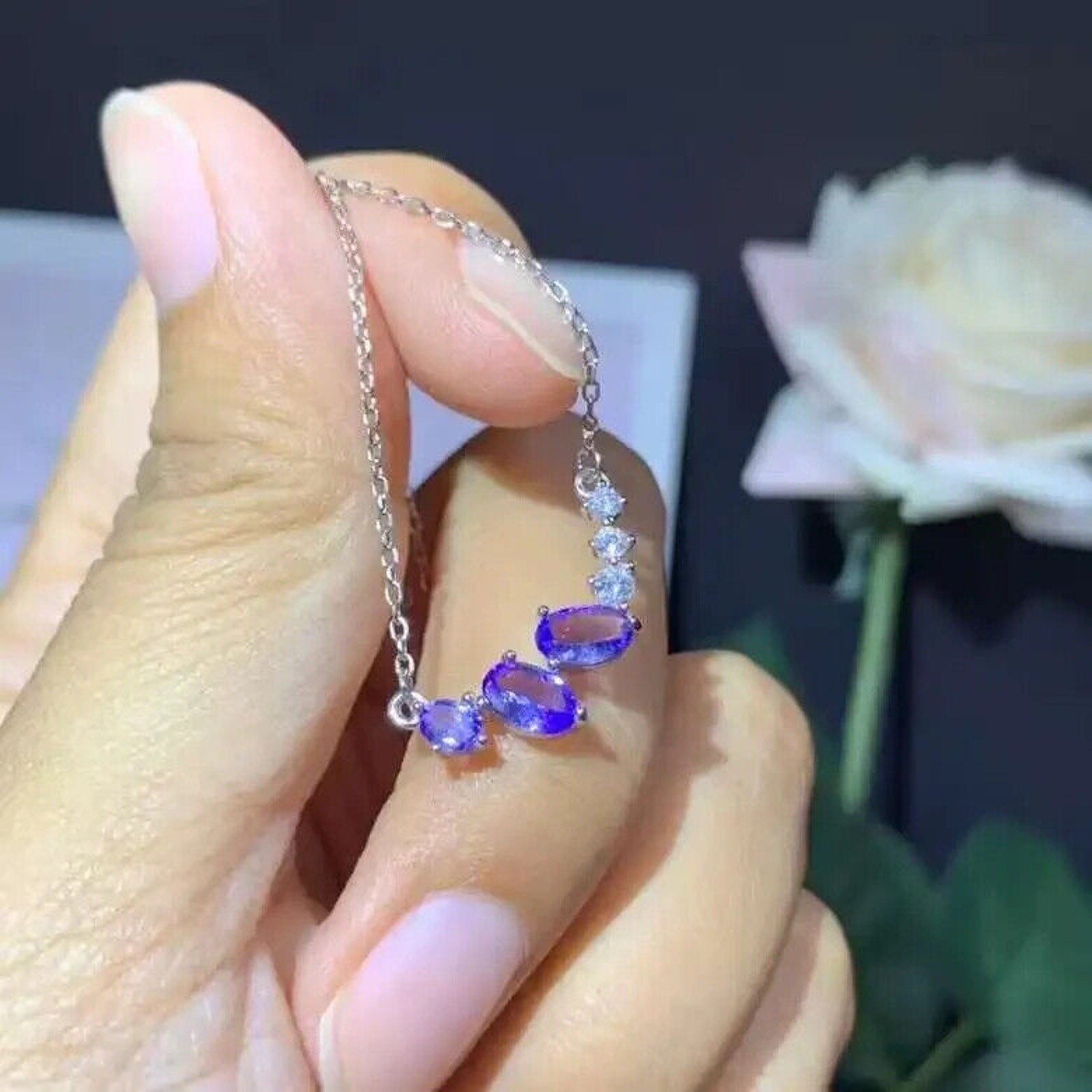 VVS1 Purple Tanzanite Clavicle Chain Necklace, Dainty Tanzanite Chain Necklace