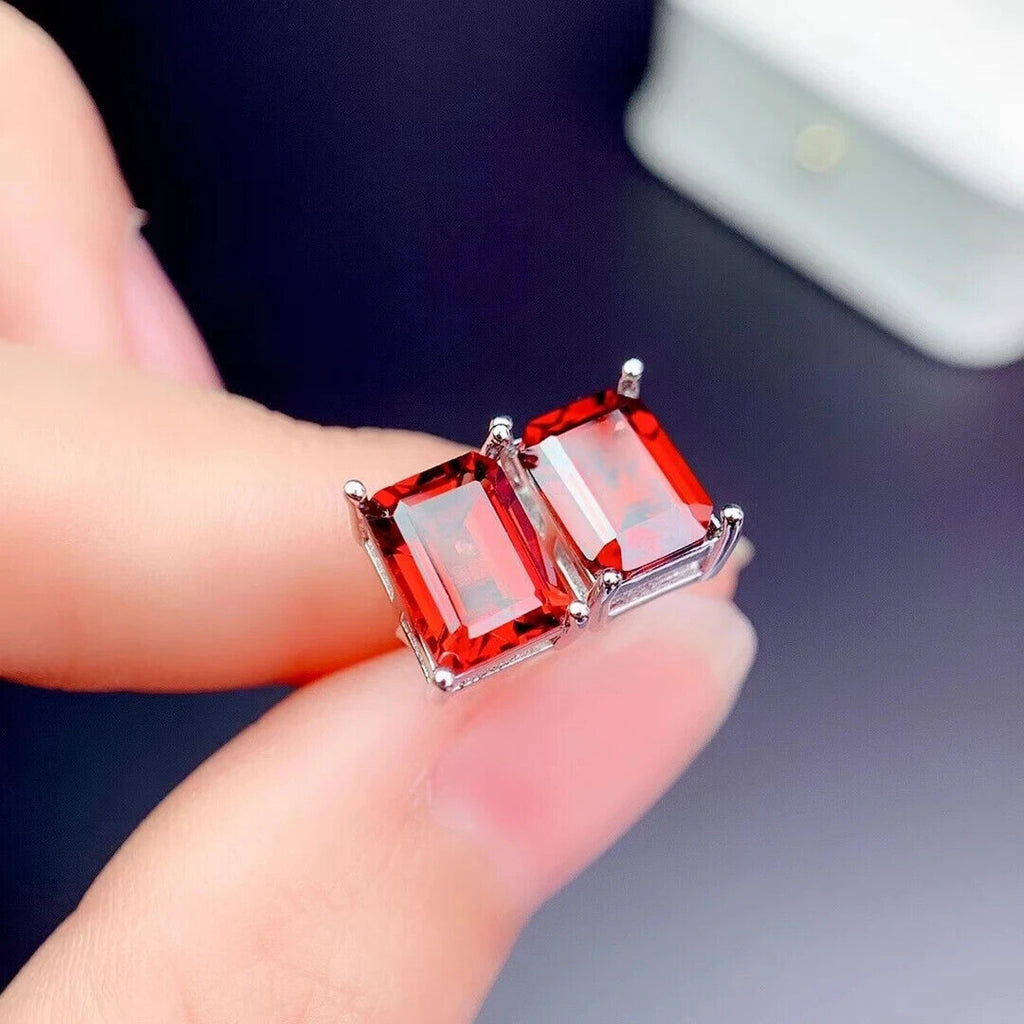 Natural Red Garnet Stud Earrings 6x8mm Platinum Plated, Red Garnet Stud Earrings