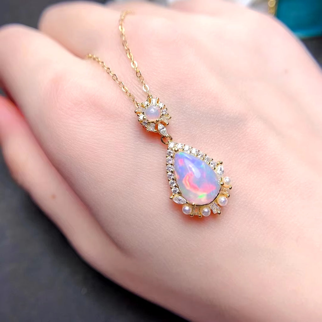 Natural Fire Opal Pendant Necklace, Opal Necklace 925 Sterling Silver 8x12mm