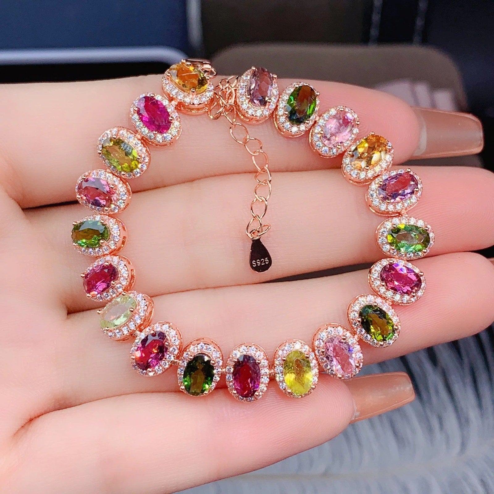Watermelon Tourmaline 925 Sterling Silver Bracelet, Tourmaline Bracelet CZ