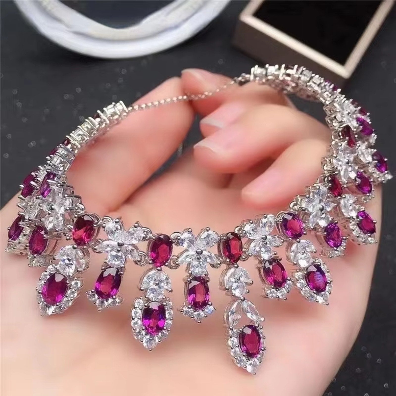 Natural Pink Garnet Statement Necklace, Gemstone Bib Necklace 925 Sterling