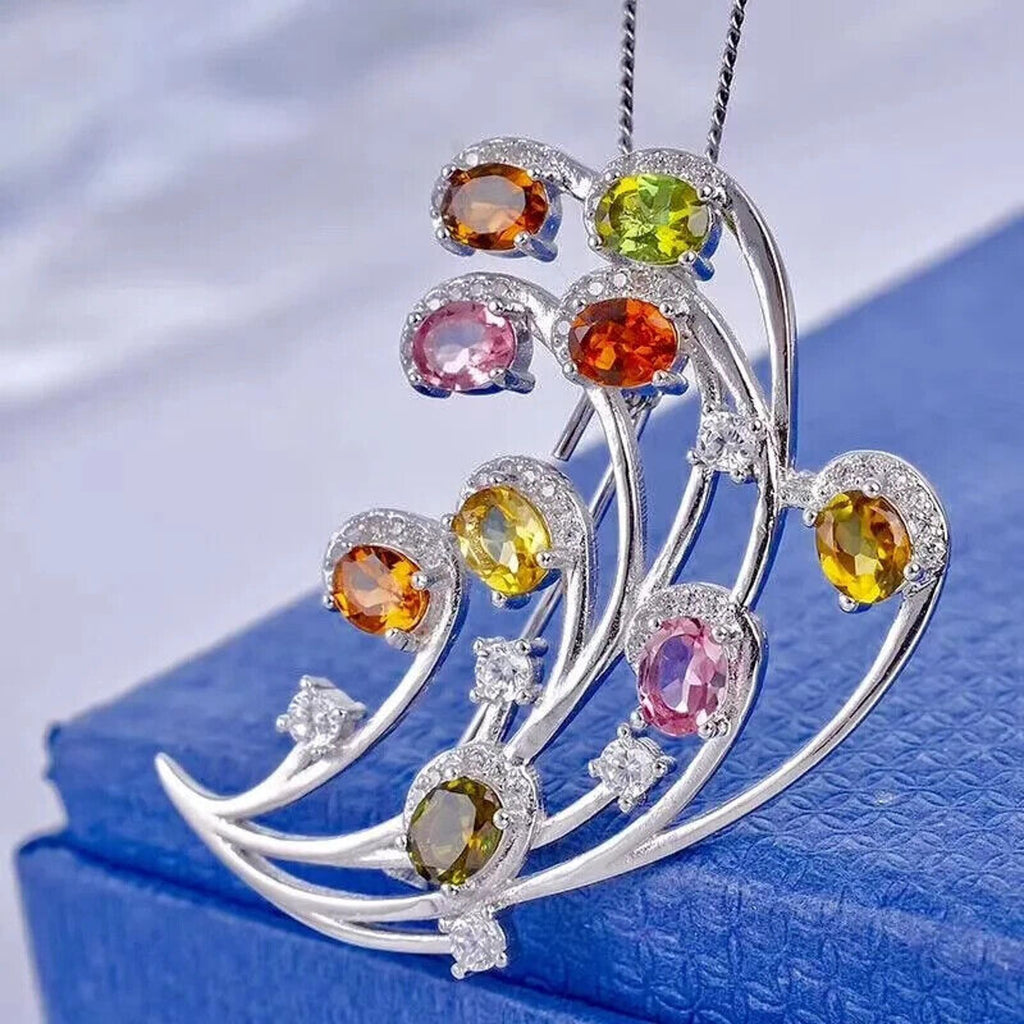 Natural Brazilian Tourmaline Gemstone Brooch 925 Sterling Silver