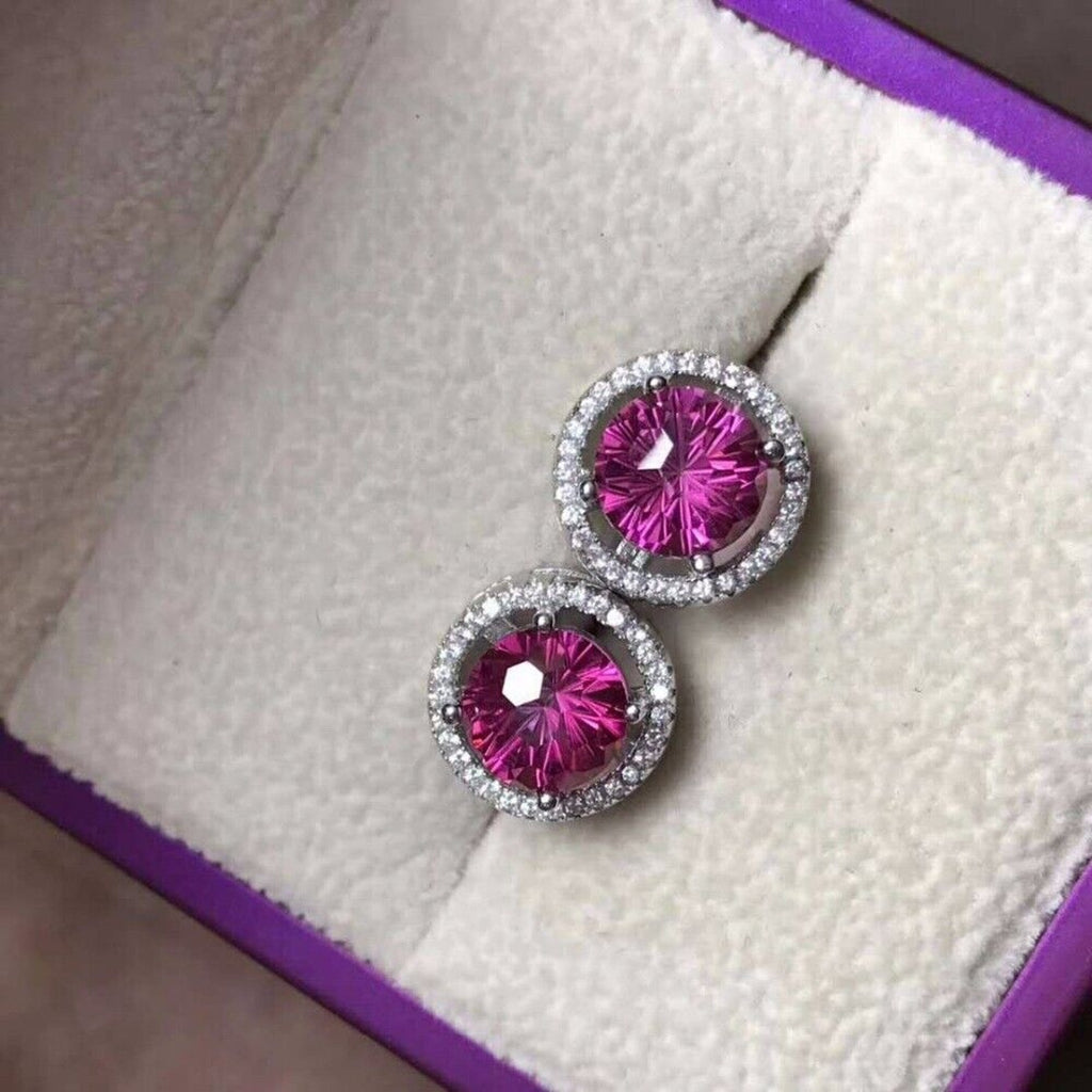 Pink Topaz Firework Cut Large 8x8mm Stud Earrings