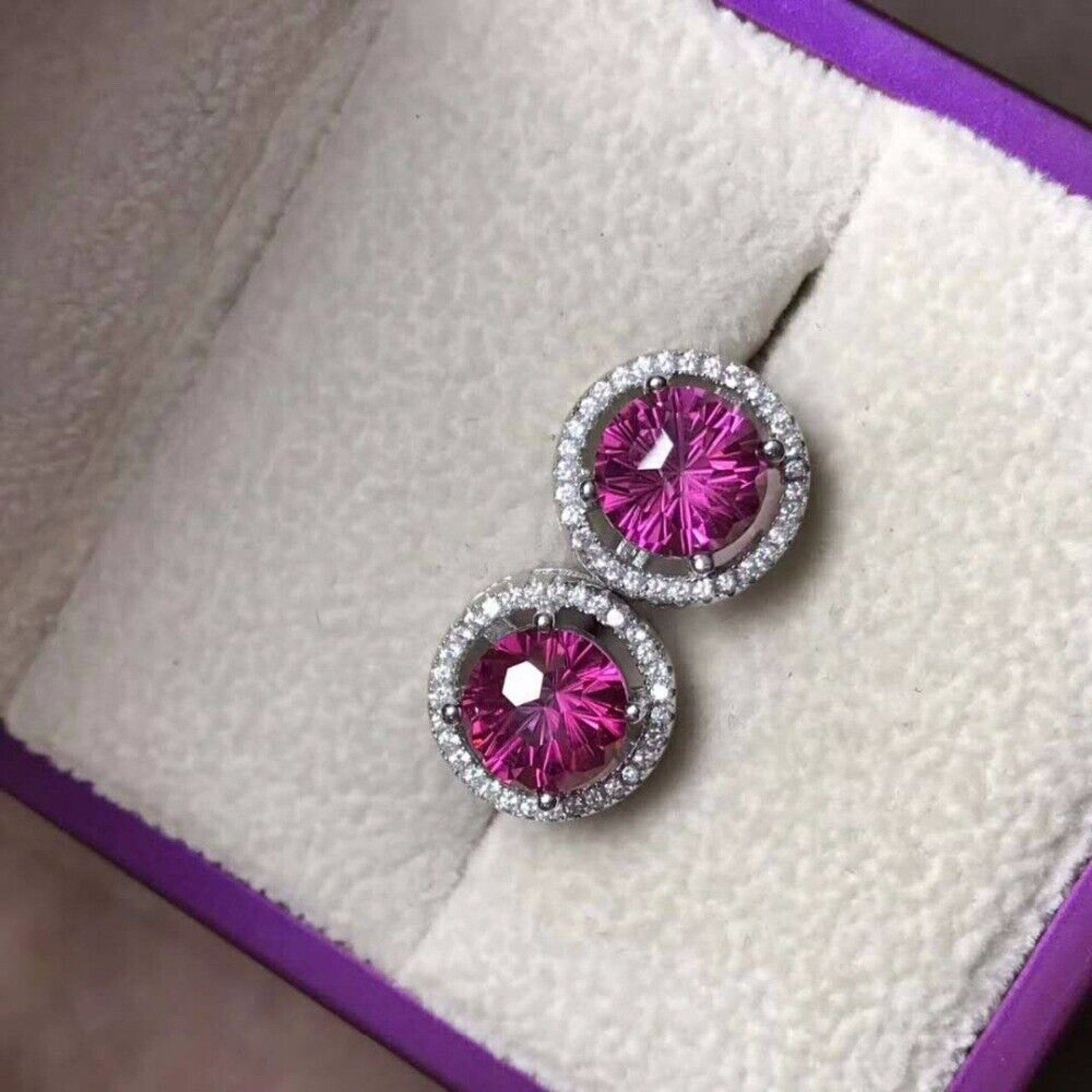 Pink Topaz Firework Cut Large 8x8mm Stud Earrings