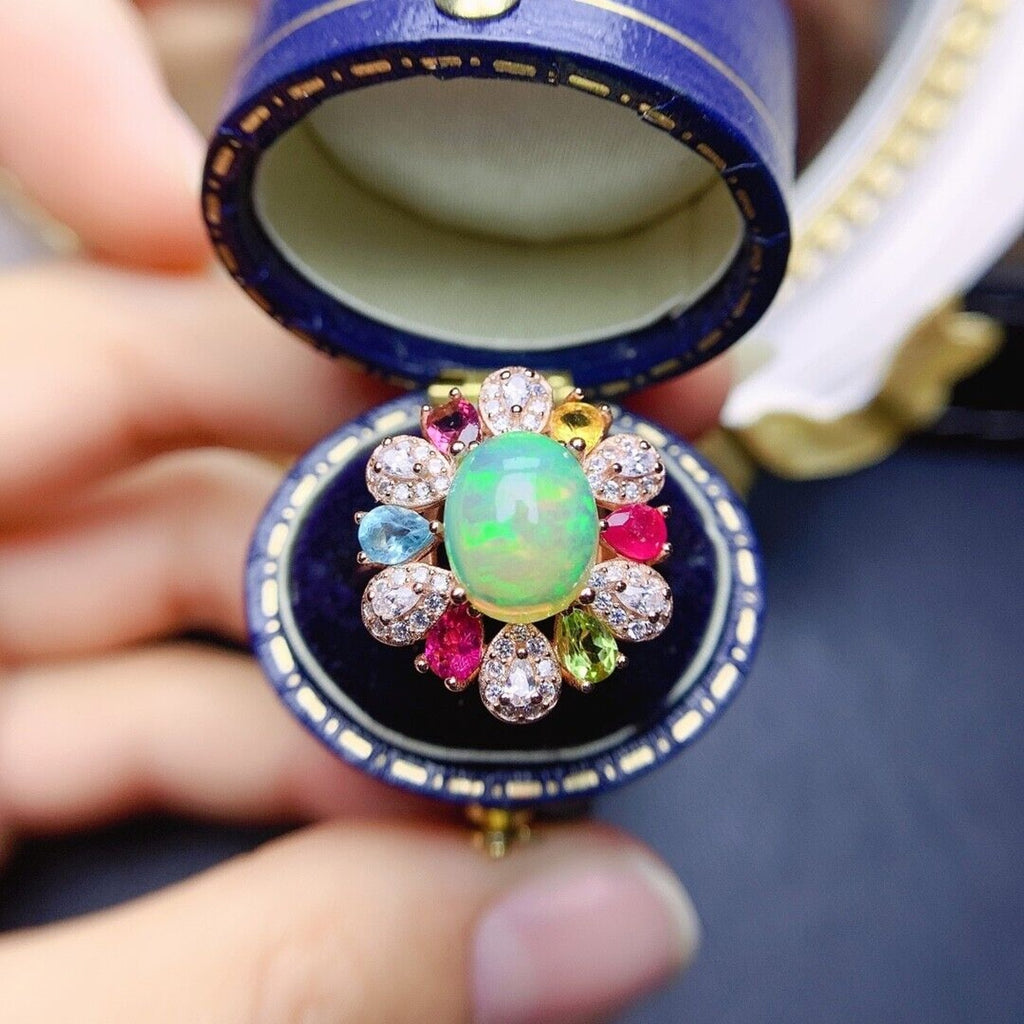 Multi Gemstone Opal Statement Ring, Ruby Sapphire Peridot Topaz and Opal Ring