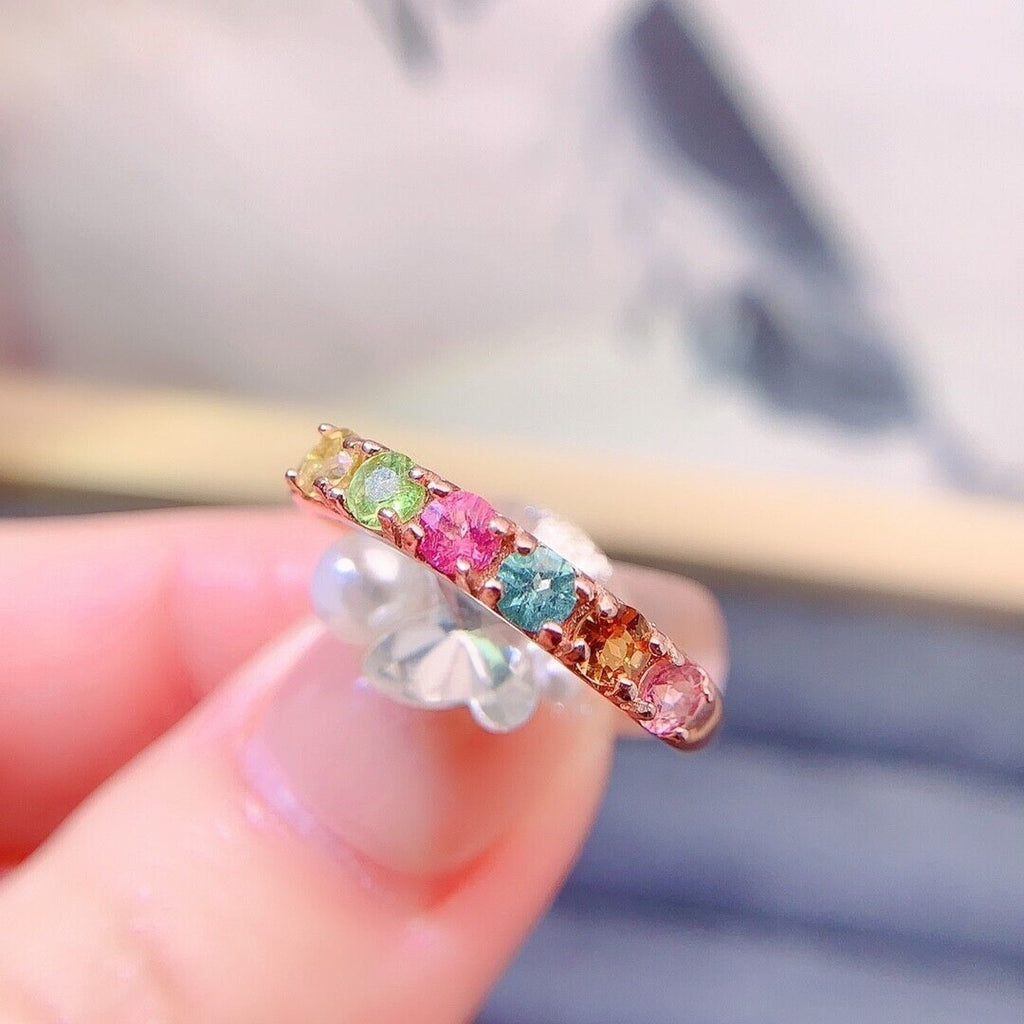 Natural Tourmaline Gemstone Band Ring, Women's Multicolor Tourmaline Band Ring